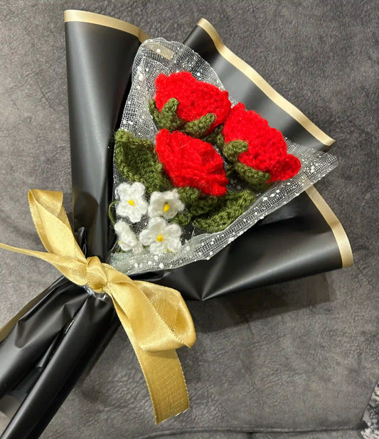 3 Red Roses with Forget-Me-Nots & Leaves